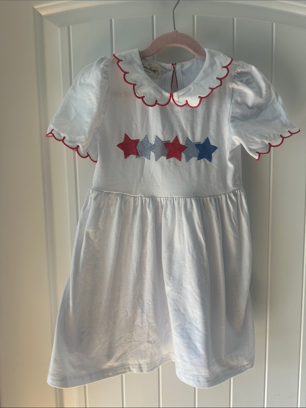 White Cotton Kids Dress with Red ScallopedTrim and Star Appliqué- worn once!